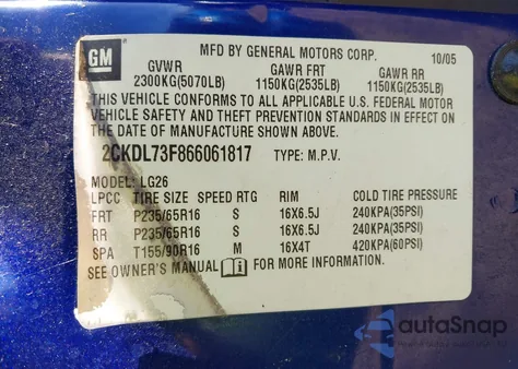 2006 Pontiac Torrent from USA, damaged, VIN 2CKDL73F866061817